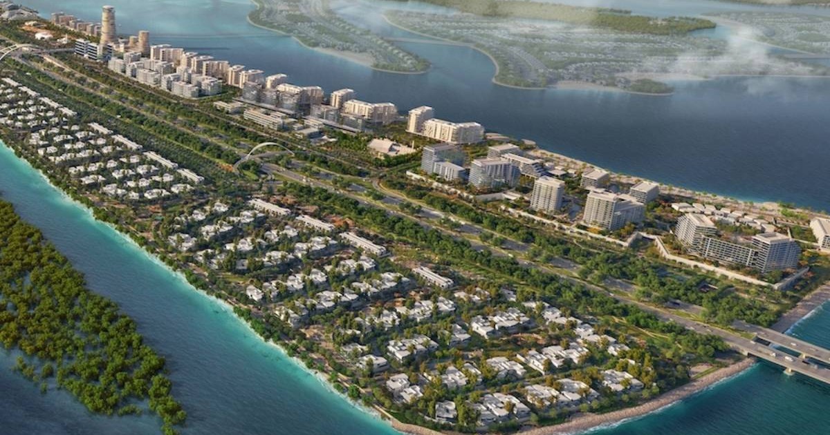 Randare aeriană a insulei Fahid din Abu Dhabi, cu vile, blocuri moderne, spații verzi și canale cu apă turcoaz.
