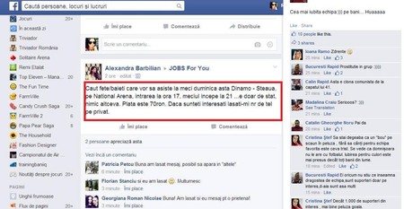 Anunţul postat pe Facebook prin care campioana, prin diverşi interpuşi, caută să-şi plătească un surogat de galerie