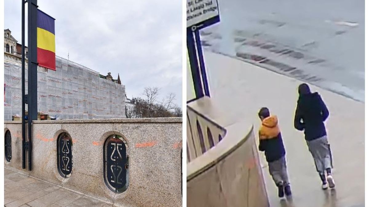 Un copil dă cu spray pe podul Ladislau din Oradea și dunga portocalie lăsată în urma actului de vandalism, februarie 2026