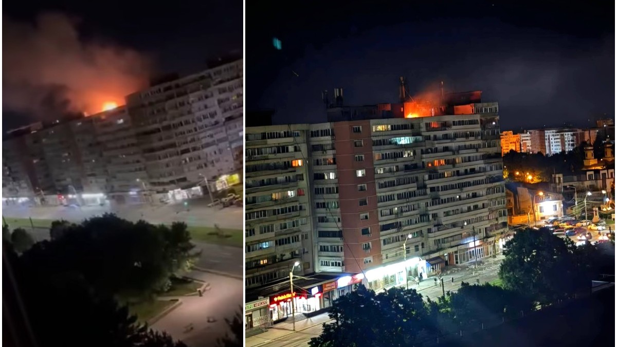Imagini după ce o dronă s-a prăbușit peste un bloc din oraș, provocând o explozie urmată de incendiu