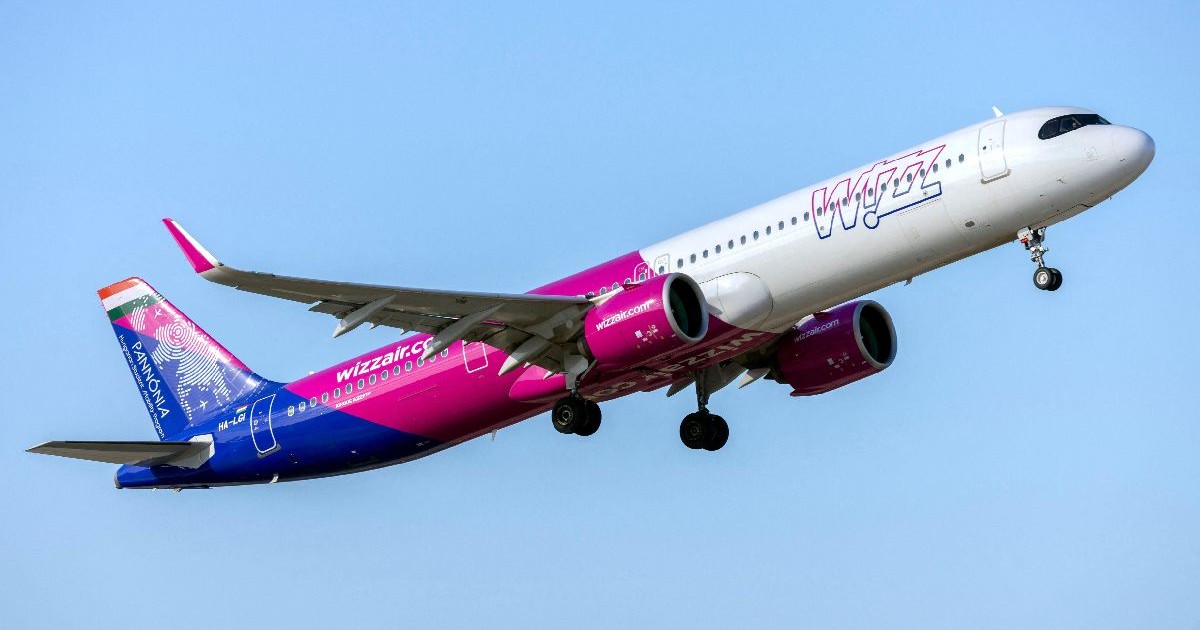 Imaginea prezintă o aeronavă a companiei Wizz Air în zbor