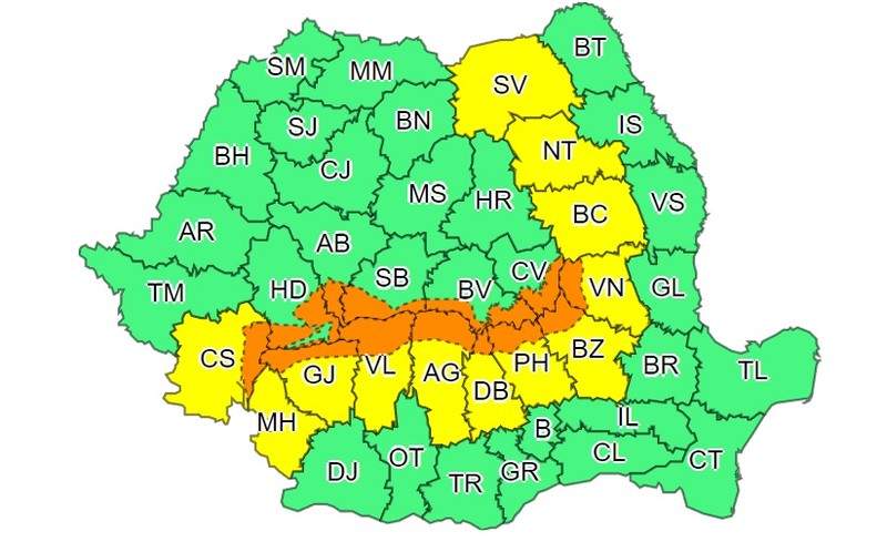 Harta zonelor vizate de cod portocaliu și galben, până duminică la ora 20.00