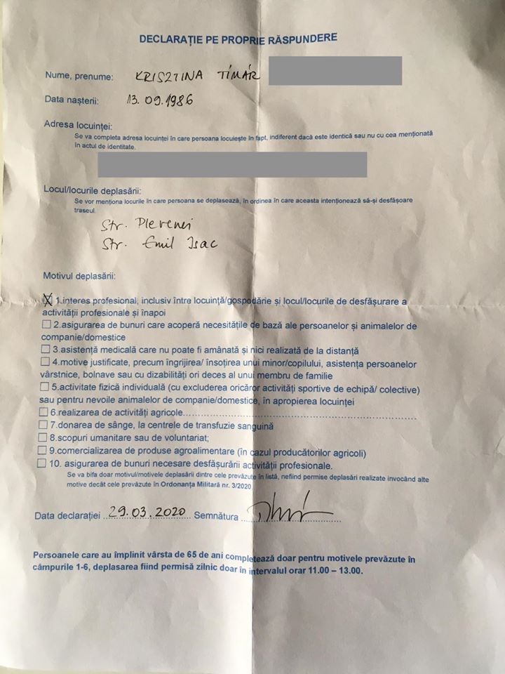 Krisztina Timar a postat pe contul ei Facebook declarația pe proprie răspundere din ziua de duminică, 29 martie 2020