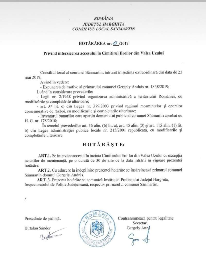 Actul emis de primăria Sânmartin