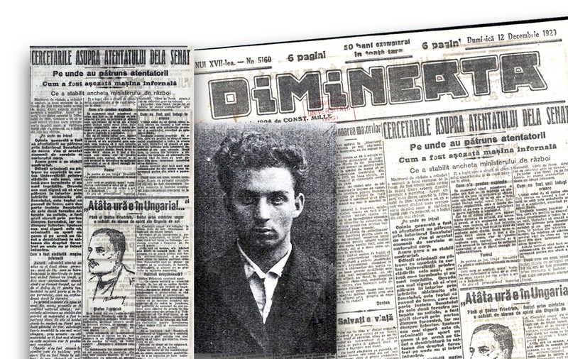 Atentatul cu bombă petrecut în 1920, în Senatul României. A fost pus la cale de un tânăr extremist în vârstă de 24 de ani, absolvent a două clase