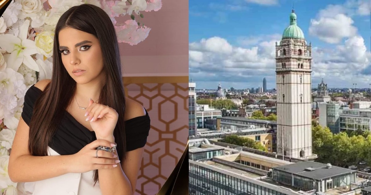 O fata imbracata in bluza neagra si fusta alba pe un fundal roz// Colegiul Imperial din Londra