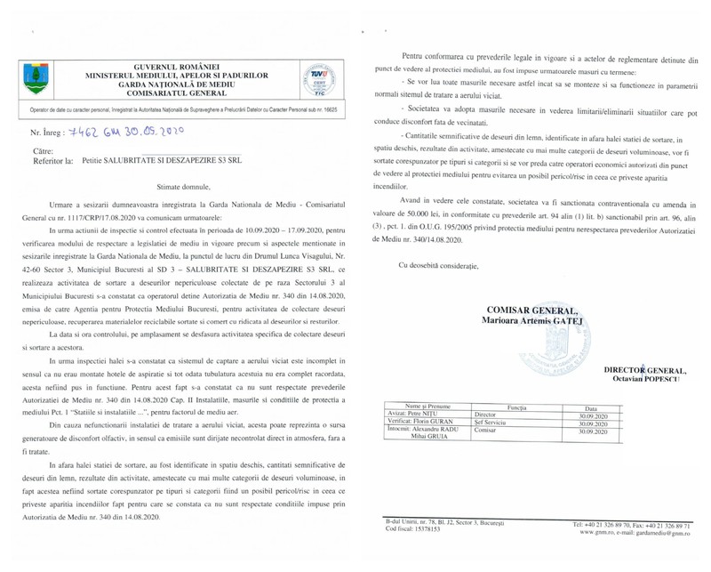 Documentul prin care Garda Națională de Mediu confirma amenda de 50.000 de lei referitoare la lipsa stației de tratare a aerului viciat