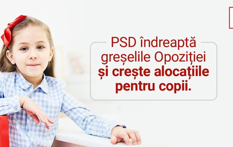 PSD anunţă că va creşte alocaţiile pentru copii prin OUG, pentru a îndrepta greşeala făcută de Opoziţie. PNL: "Încercare cinică de a vă lipi de această realizare"