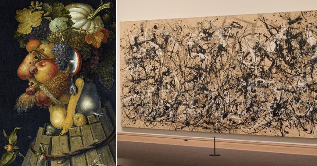colaj pictură de Giuseppe Arcimboldo și tabloul "Ritm de toamnă", de Jackson Pollock
