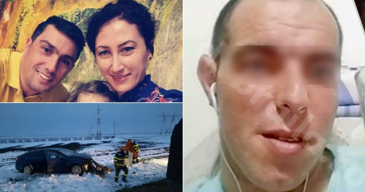 Colaj din trei fotografii cu soții uciși în accidentul din Brăila în partea stânga-sus, cu mașina lovită în stânga-jos și șoferul vinovat, cu bandă blurată pe față, în dreapta