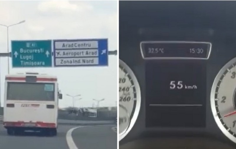 Se poate și așa. Autobuz surprins cu 55 km la oră, pe autostradă, în apropiere de Arad