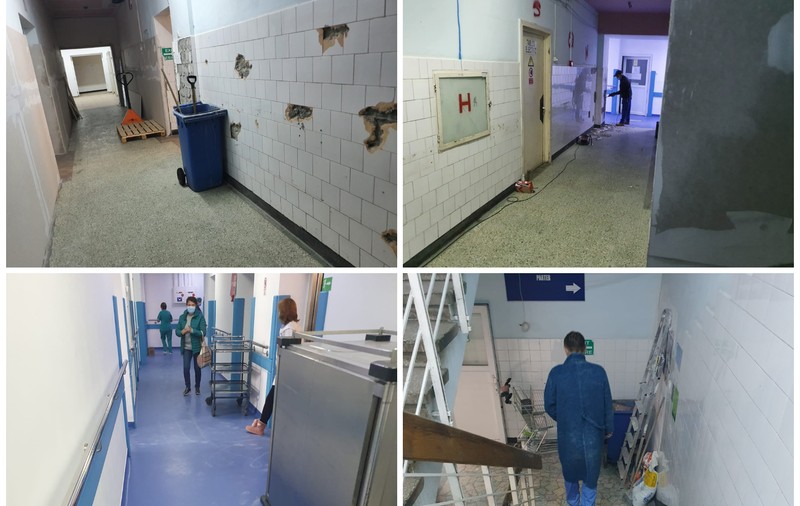 FOTO | Imagini dintr-un spital județean: parterul în renovare n-a fost închis, iar angajații duc praful și mizeria pe secții. „Ce să facem, să nu mai reparăm?”