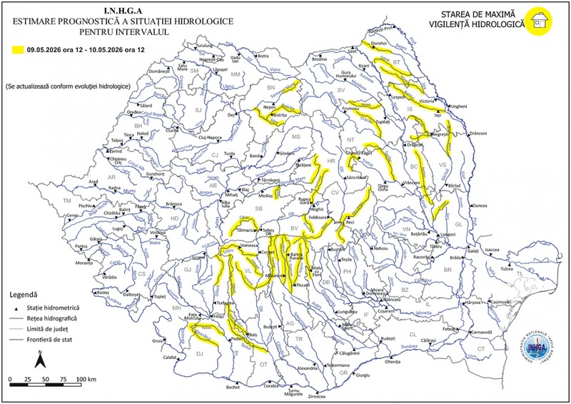 Hartă Cod Galben inundații 9-10 mai 2026 Foto: INHGA