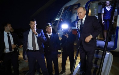Russian President Vladimir Putin disembarks from a helicopter upon his arrival at the city's airport in Grozny, Chechen Republic, Russia, Tuesday, Aug. 20, 2024.,Image: 900199762, License: Rights-managed, Restrictions: This content is intended for editorial use only. For other uses, additional clearances may be required. POOL PHOTO, Model Release: no, Pictured: Vladimir Putin