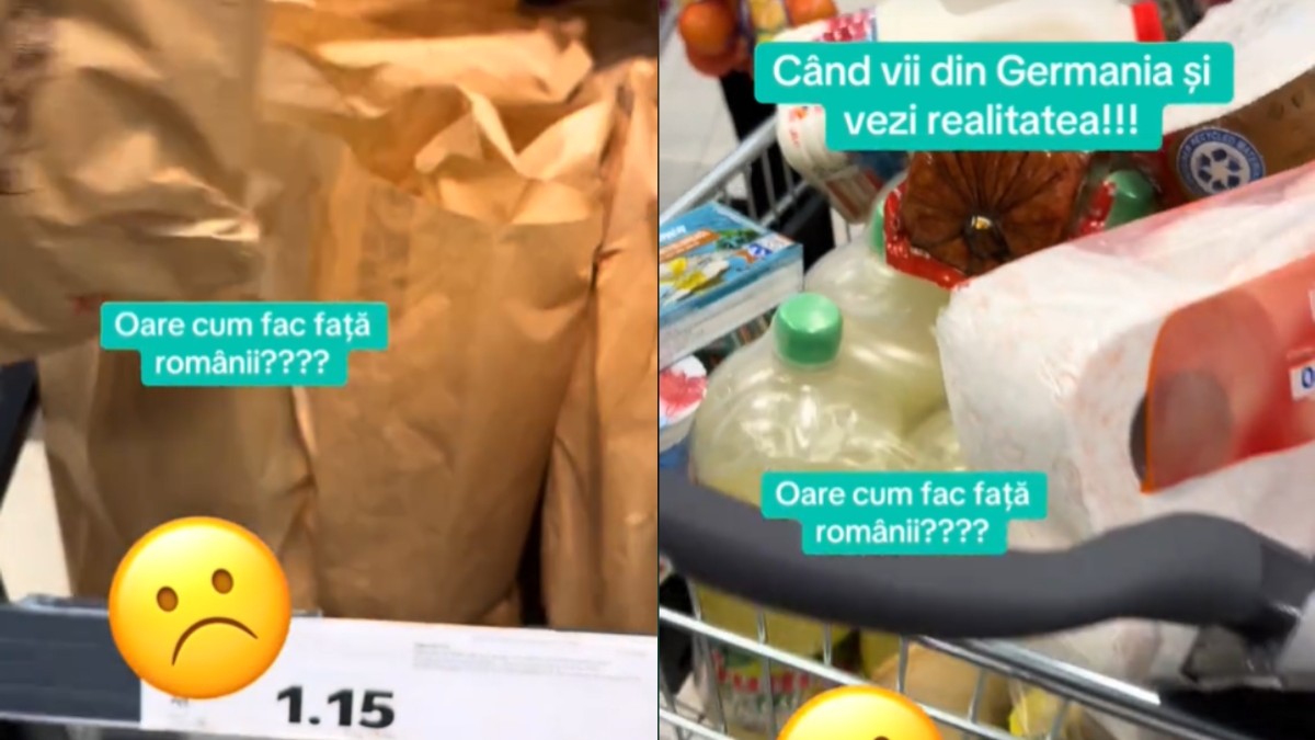 colaj foto cu doua fotografii dintr-un supermarket din România în care sunt alimente, sticle de suc, si alte produse puse într-un cos de cumpărături