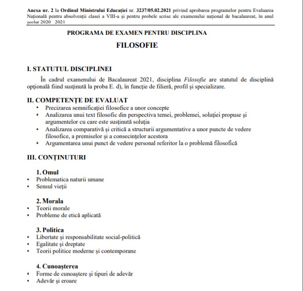Programa filosofie BAC 2021