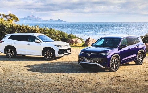 doua masini marca volkswagen pe o bucata de pamant, cu verdeata in spate si fundal cu mare. zi insorita