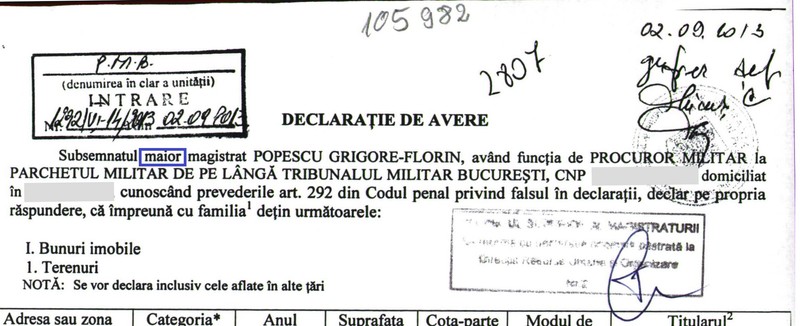 Declarația de avere din 2013 în care procurorul își declară gradul de maior