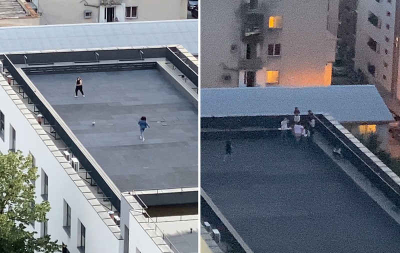 VIDEO. Copii filmați în timp ce se joacă cu mingea seara, pe acoperișul unui liceu din sectorul 4. Conducerea școlii: „Este o terasă circulabilă”
