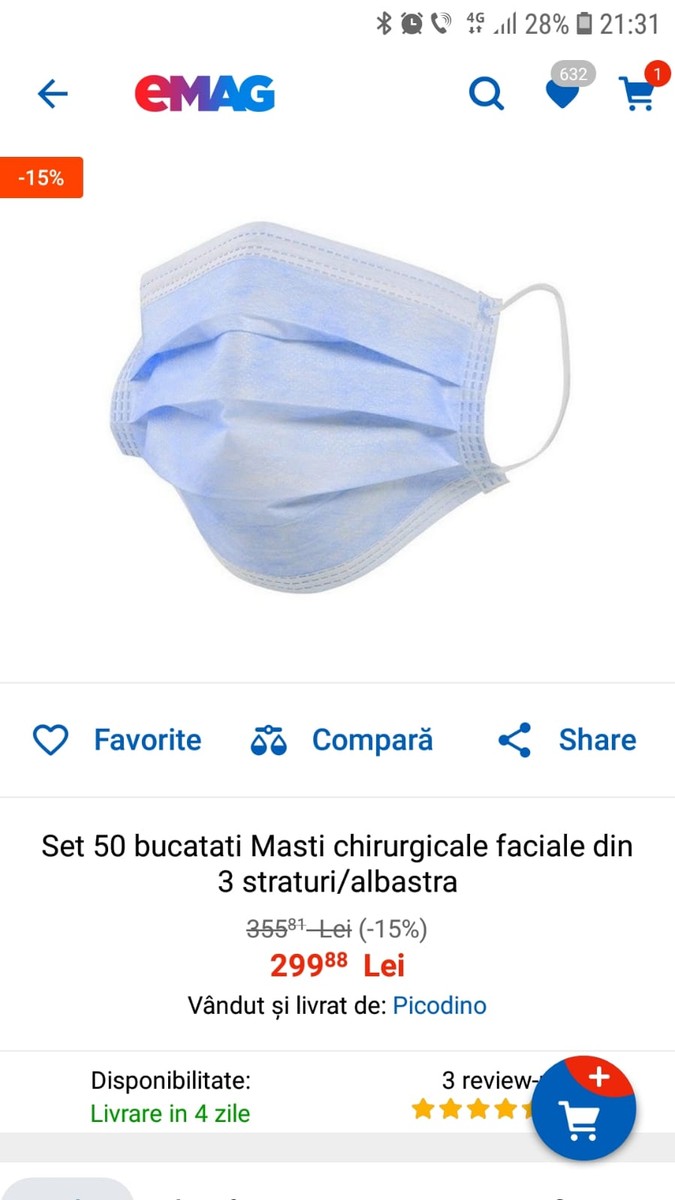 Pachet de măști chirurgicale la 300 de lei, vândut de un seller pe platforma eMAG