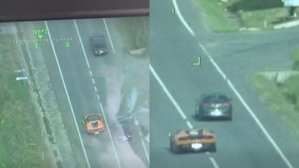 Un colaj cu două fotografii în care se vede cum un Lamborghini portocaliu depășește pe linie continuă mai multe mașini și în curbă