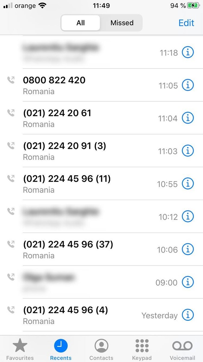 Lista apelurilor efectuate, la care nu a răspuns nimeni