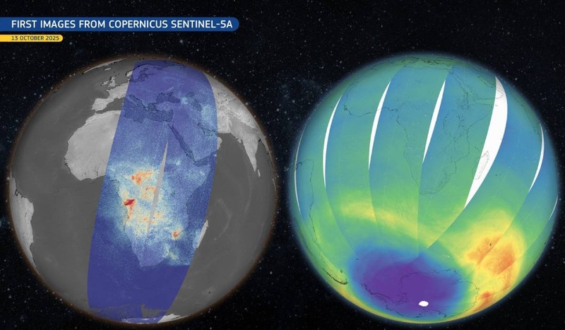 Imaginea realizată de satelitul Copernicus Sentinel-5A pe 13 octombrie 2025 arată concentrația de ozon din atmosferă. Deasupra Antarcticii, valorile sub 220 de unități Dobson indică zona considerată „gaura” din stratul de ozon. Sursă foto: Profimedia Images