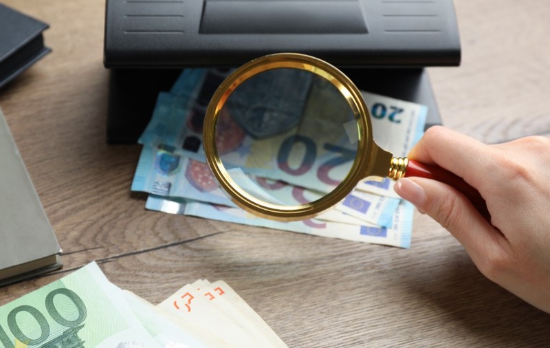 Femeie verificând bancnotele euro 