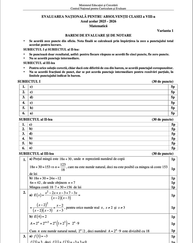 Subiectele la matematică la Evaluarea Națională 2026. Ce a picat la a doua probă a examenelor pentru clasa a 8-a