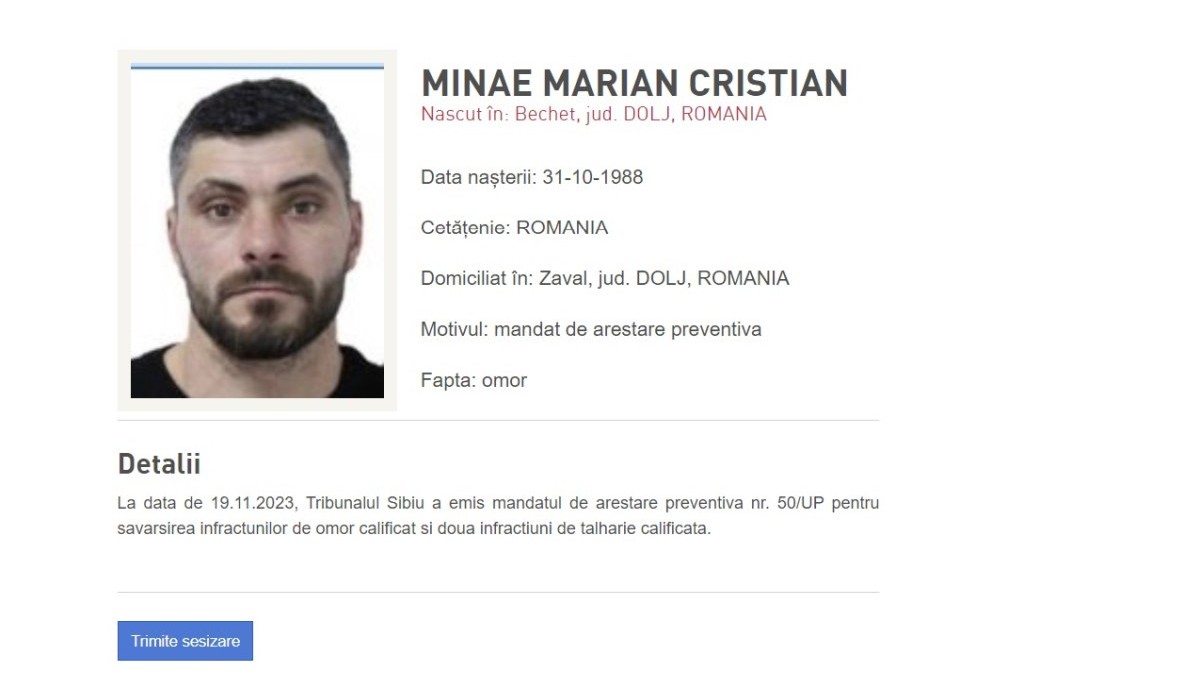 Datele lui Marian Cristian Minae pe site-ul Poliției Române