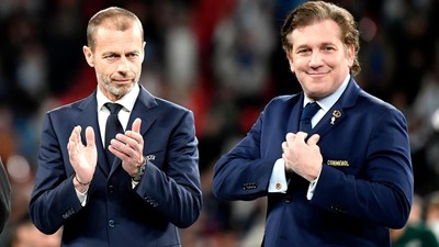 Alexsander Ceferin president of UEFA and Alejandro Dominguez president of Comenbol at the end of the Finalissima trophy 2022 football match between It