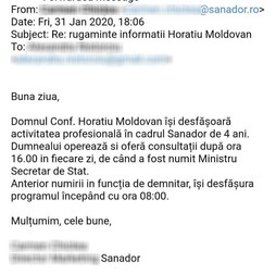 Raspuns primit de la Sanador privind programul secretarului de stat Horatiu Moldovan