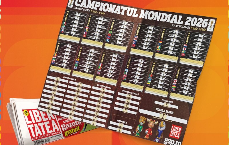 Ziarul Libertatea și posterul special GSP cu programul complet al meciurilor, grupele și spații de scoruri pentru Campionatul Mondial 2026
