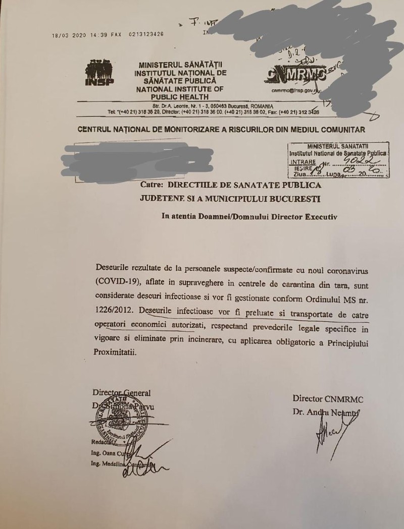 Ordinul prin care se menționează că deșeurile de la persoanele suspecte sau confirmate cu noul coronavirus trebuie preluate de operatori autorizați
