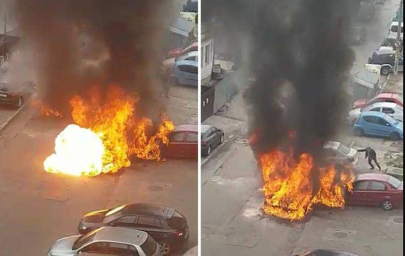 Trei mașini s-au făcut scrum pe o stradă din Bacău. Una dintre ele a explodat