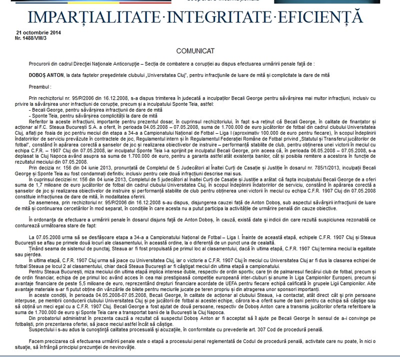 Comunicatul procurorilor DNA