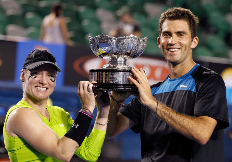 during the mixed doubles final at the Australian Open tennis championship in Melbourne, Australia, Sunday, Jan. 29, 2012. (AP Photo/Aaron Favila)