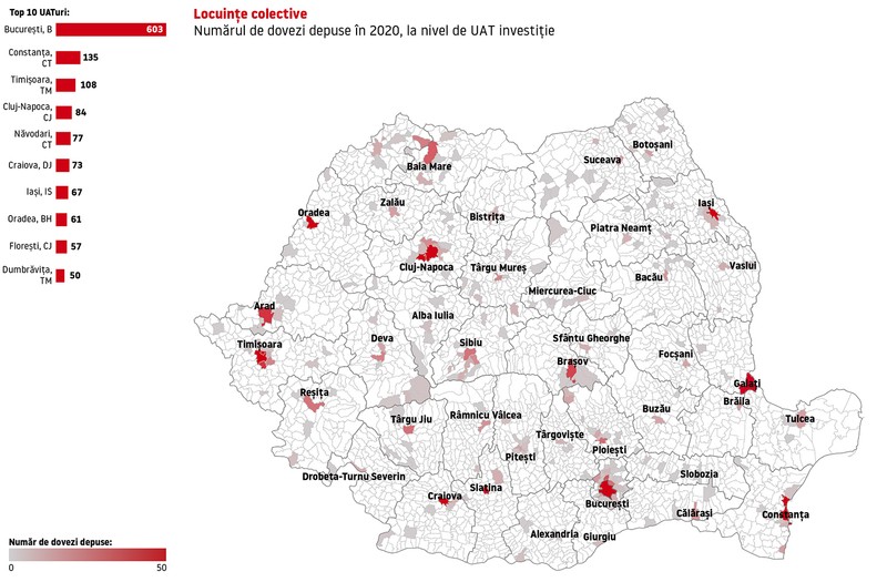 Topul localităților în funcție de numărul de metri pătrați pentru care s-au cerut autorizații de construcție în 2020 | Sursa ilustrației: OAR