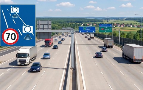 O autostradă intens circulată de camioane și autoturisme, suprapusă în colțul din stânga sus cu un indicator albastru ce semnalizează monitorizarea vitezei prin camere video și o limită de 70 km/h / Imagine realizată cu inteligența artificială