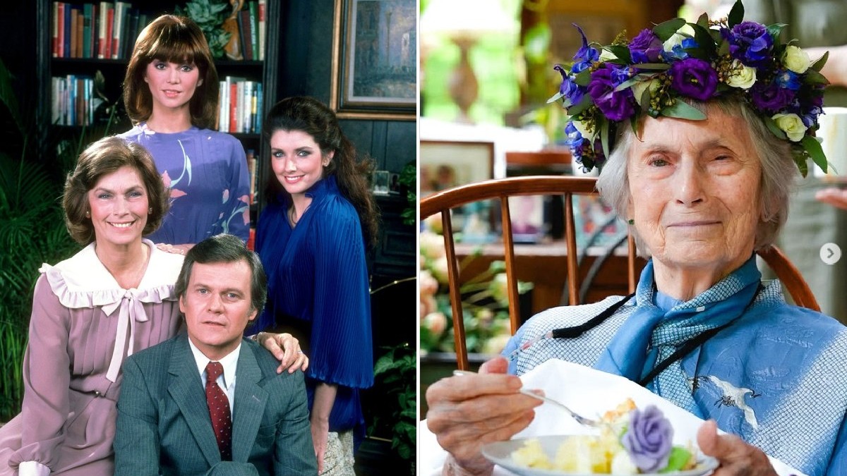 Colaj: stanga, „Dallas” Priscilla Pointer, Victoria Principal, Morgan Brittany, Ken Kercheval 1981, în dreapta o femeie în vârstă cu o coroană de flori albastre pe cap, ține o farfurie cu o felie de tort în mână