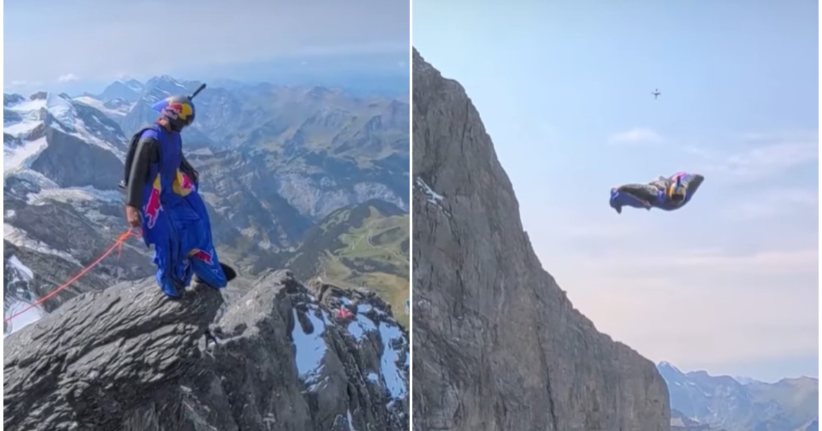 Peter Salzmann în timp ce sare de pe muntele Eiger