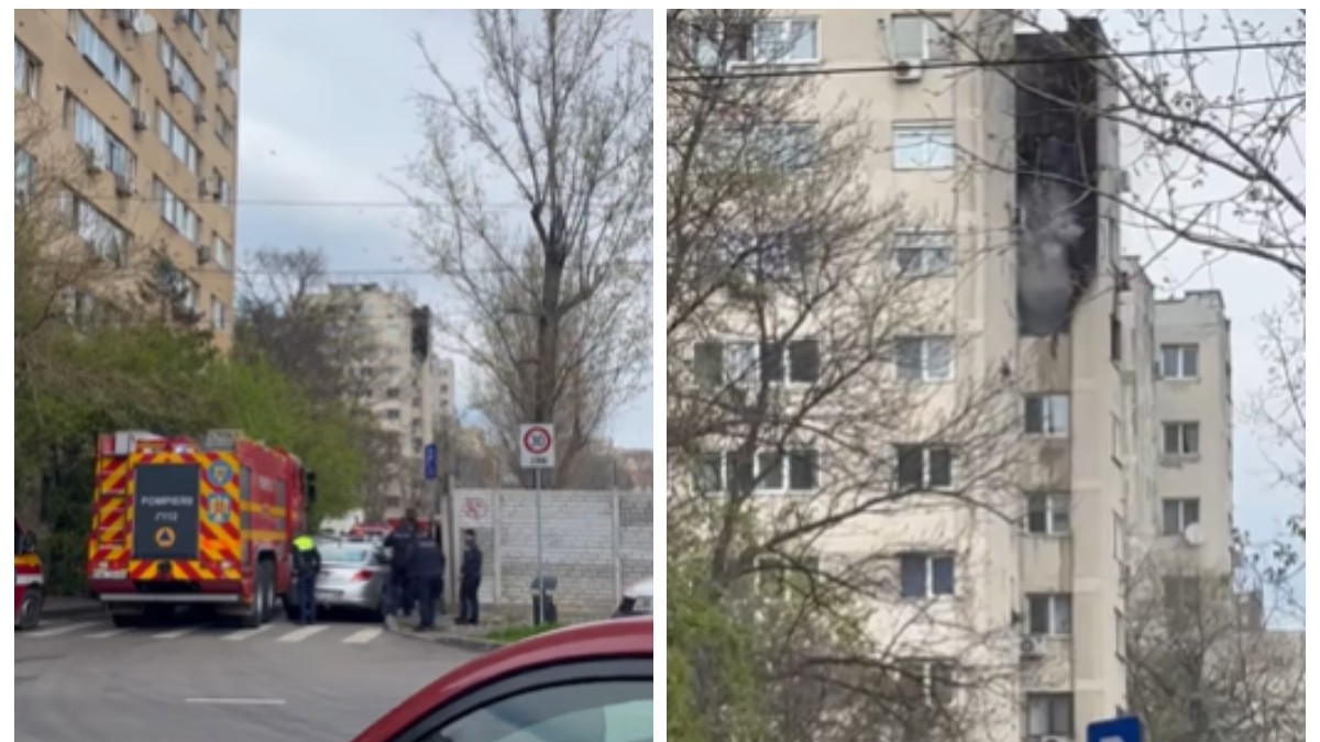 În stânga, se vede o stradă pe care este parcată o autospecială de pompieri (cu inscripția „POMPIERII” și însemnele IGSU), înconjurată de mai mulți polițiști și persoane civile. În fundal se observă blocul afectat, iar partea superioară a acestuia este vizibil afectată de fum sau ardere. În dreapta, este un cadru mai apropiat cu partea de sus a clădirii.