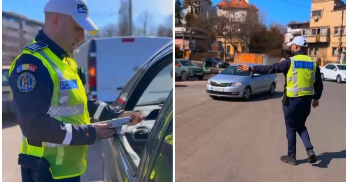 În stânga este un polițist care verifică actele unui șofer, în dreapta este un polițist care oprește un șofer.