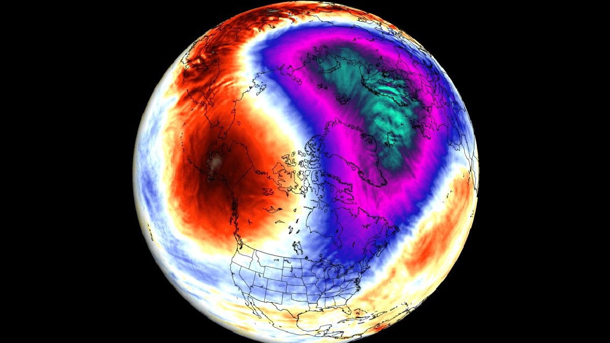Imaginea prezintă o hartă colorată a temperaturilor Pământului, evidențiind Europa în nuanțe de roșu, verde și albastru, iar Oceanul Atlantic în galben și alb. Fotografia are fundal negru