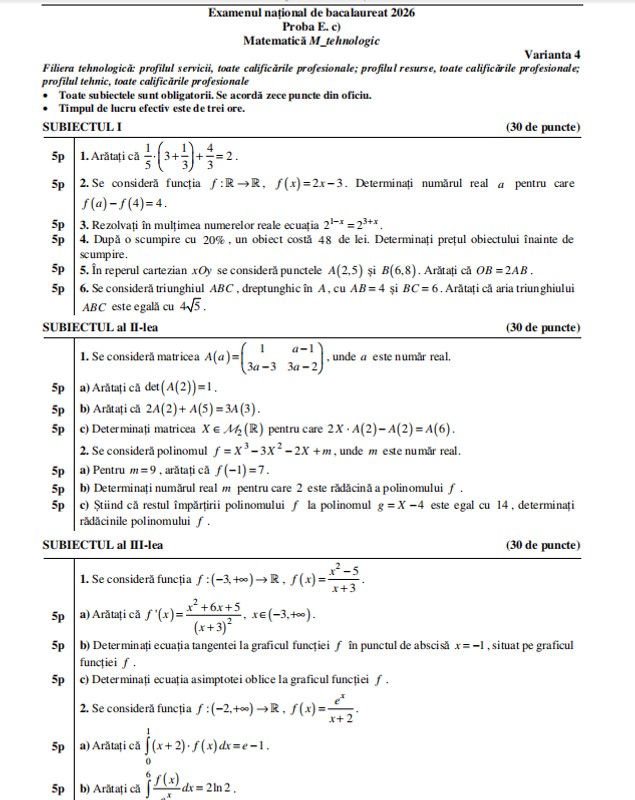 Subiecte Matematică BAC 2026, sesiunea de toamnă. Ce le-a picat elevilor la proba obligatorie a profilului la Bacalaureat