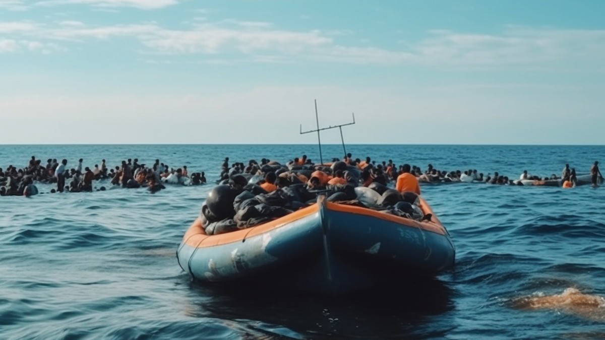 Migranți într-o barcă supraaglomerată traversează marea. În jurul bărcii sunt mai mulți migranți