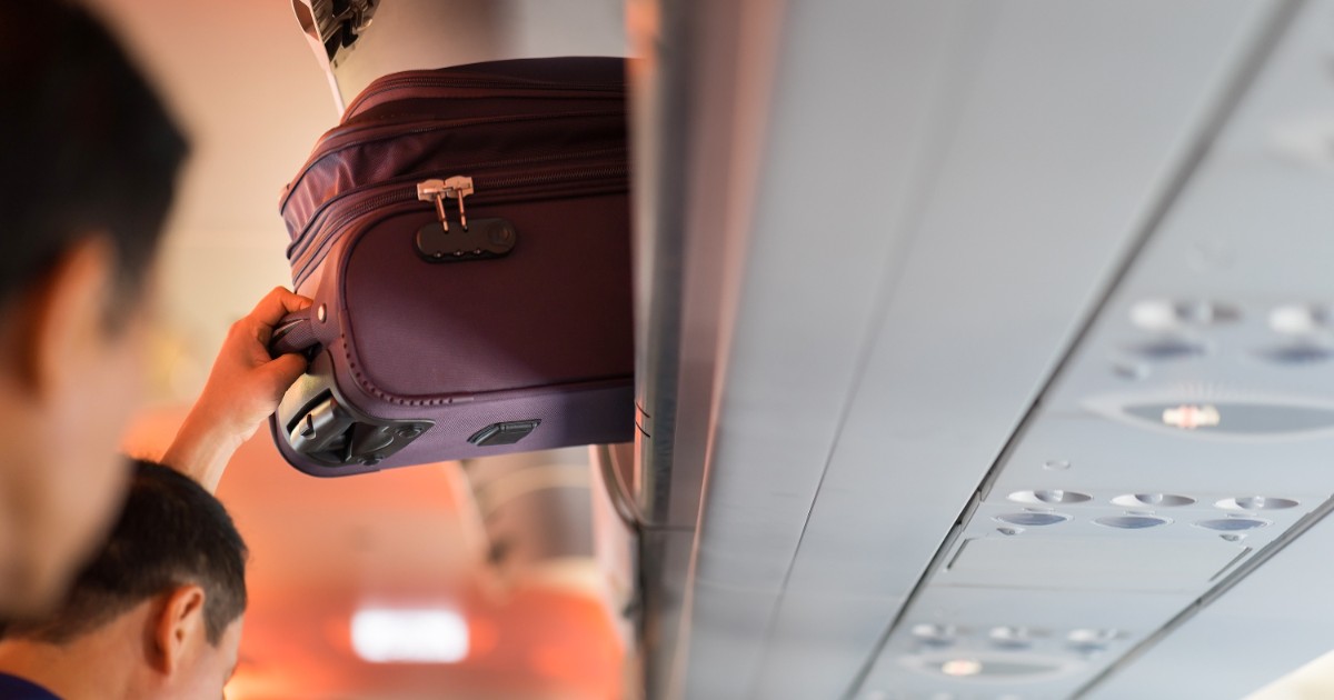 Un troler mov care este scos de un pasager din cabină, în avion.