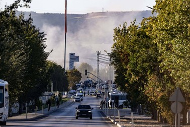 ANKARA, TURKIYE - OCTOBER 23: Smoke rises as security forces, firefighters, and paramedics are dispatched to Turkish Aerospace Industries' (TAI) facilities after explosions and gunshots were reported following a terrorist attack in the Kahramankazan district of Ankara, Turkiye on October 23, 2024. Muhammed Abdullah Kurtar / Anadolu/ABACAPRESS.COM,Image: 925396956, License: Rights-managed, Restrictions: , Model Release: no