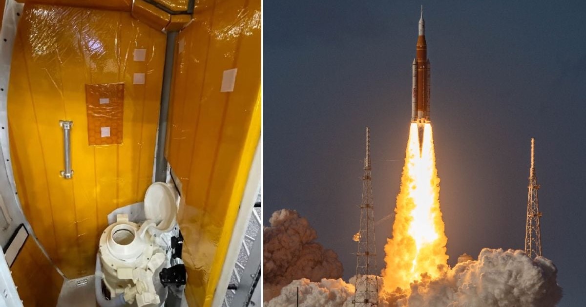 Colaj din două fotografii: în stânga este toaleta capsulei Orion, în dreapta este momentul lansării misiunii Artemis 2.