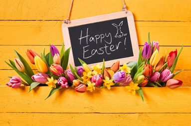 Happy Easter message handwritten on a vintage school slate with fresh spring tulips and daffodils on a colorful yellow wood background with copy space